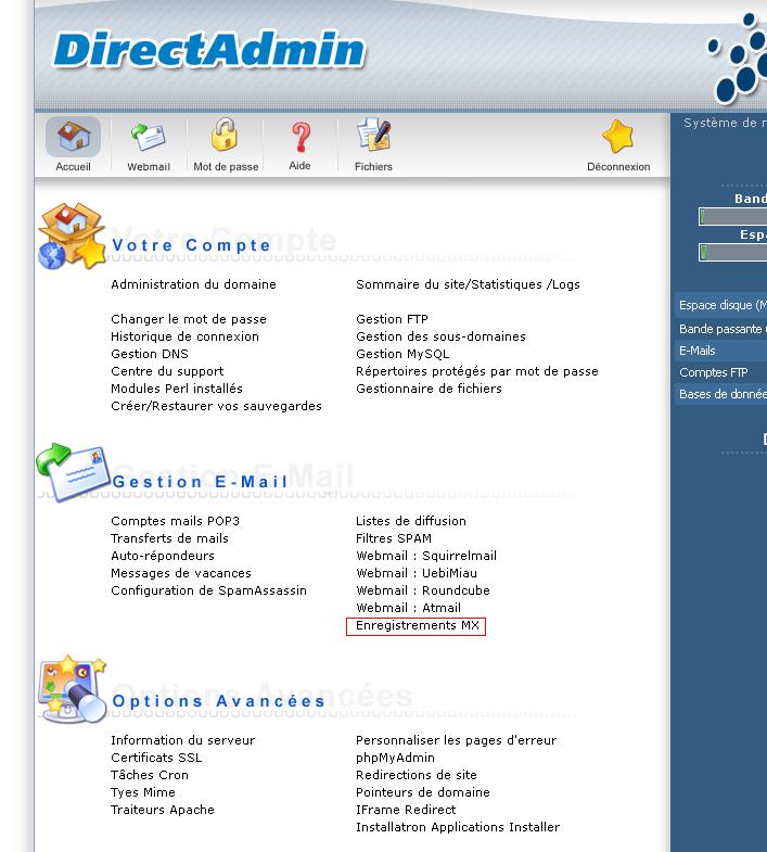 Menu DirectAdmin Enregistrements MX