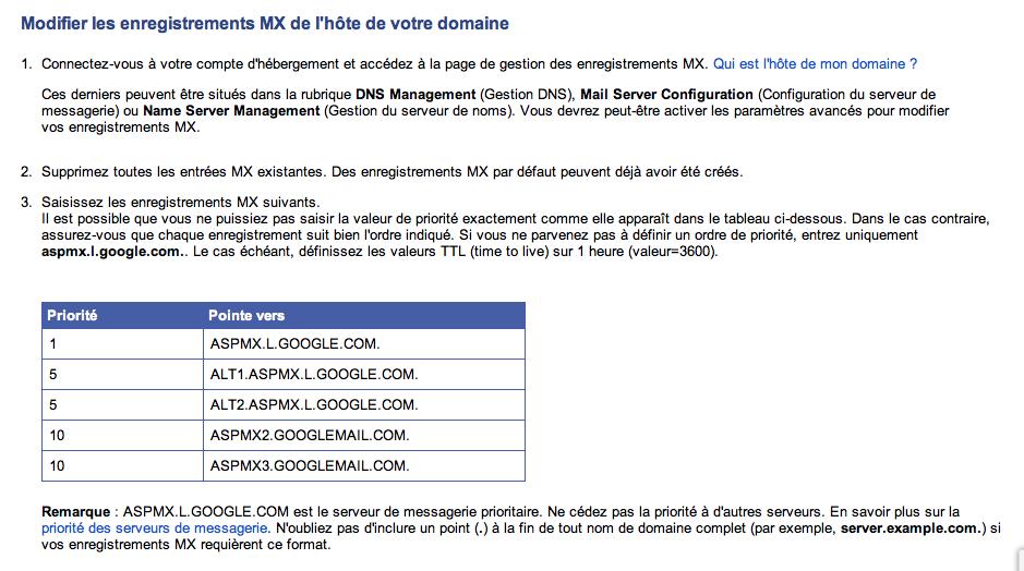 Informations MX fournies par Gmail