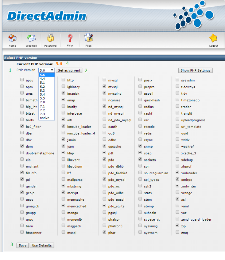 DirectAdmin Select PHP Options